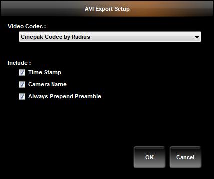 Ocularis Client User Manual Exporting Evidence 8. Click Setup to change the video export Codec and the encoding quality. AVI Export Setup Dialog 9.