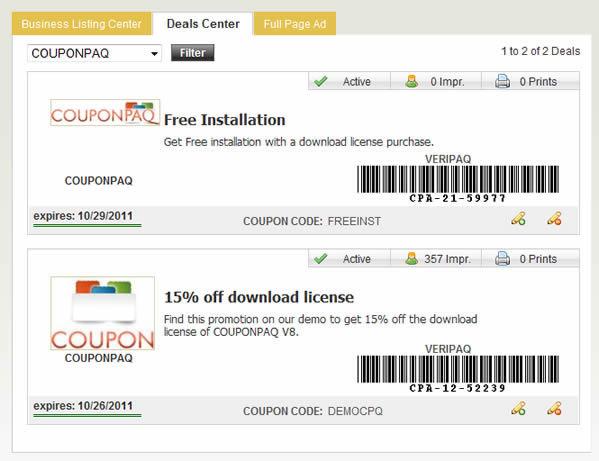 -9- Coupon/ Deal Management The deals center displays all the coupons and deals added by the merchant. If a merchant has more than 1 business advertised, s/he can filter the deals per business.