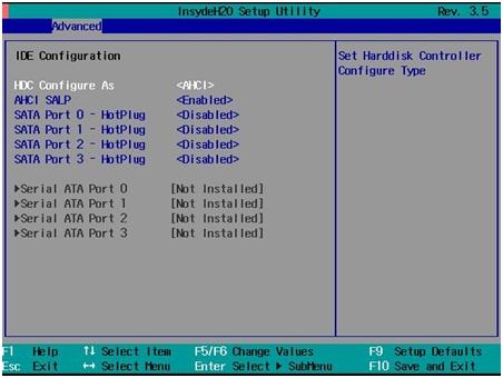 BIOS Setup HDC Configure As This item allows you to configure the hard disk type. Options: IDE (default), AHCI, RAID If you select AHCI type, you will see the following information.