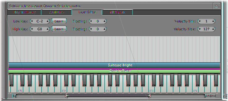 3 In the Channel Strip Inspector, click the Layer Editor tab. The Layer Editor shows a horizontal, colored layer for each channel strip in the patch.