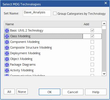 Technologies' dialog displays. 2 In the 'Set Name' field, type a name for the custom Perspective. Then select the 'Add' checkbox against each MDG Technology to make visible.