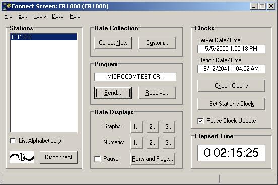 read the CR1000 clock from this screen, to verify the time change our program will make.
