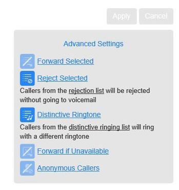 By clicking Forward Selected, you will be able to create a forward list. Callers will not be forwarded if you are on Do Not Disturb, or the number appears in Reject Selected.