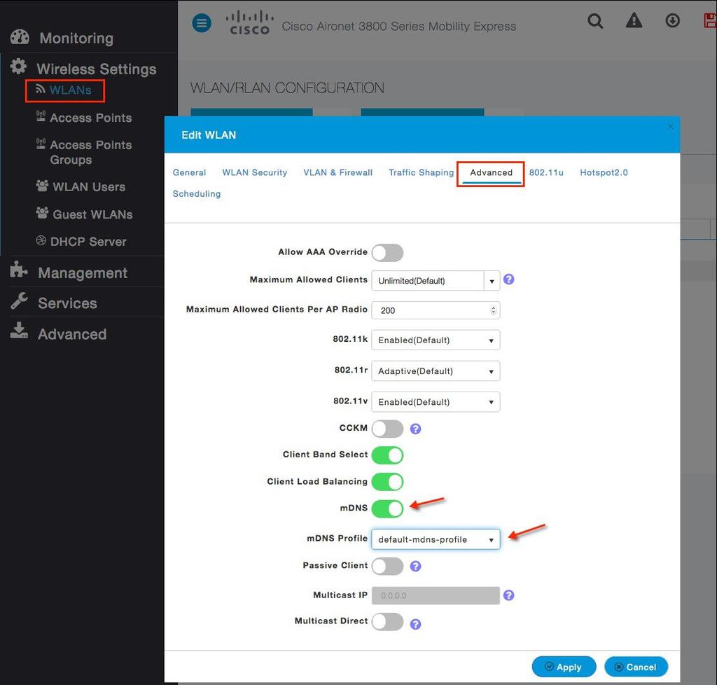 mdns support Master AP Failover and Electing a new Master Navigate to Wireless Setting > WLANs and create a WLAN for clients with any security type and Enable mdns on the WLAN.