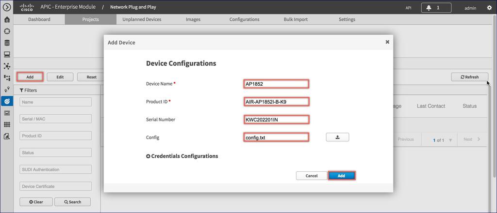 Configuring Cisco Mobility Express controller APIC-EM Network Plug and Play Deployment Options with Cisco Mobility Express Serial Number Enter the Serial