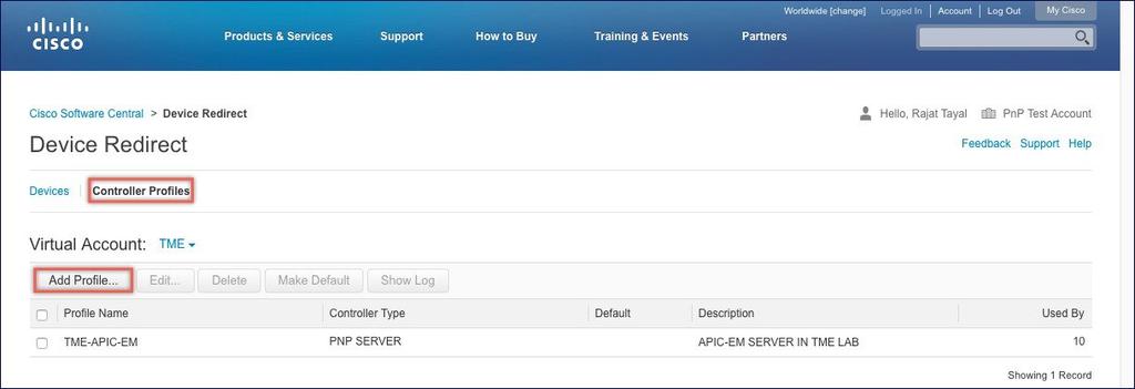 Configuring Cisco Mobility Express controller Create APIC-EM Controller Profile Step 5 Select Controller Type as PNP