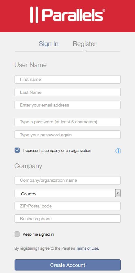 2 Click Register. The registration page opens. 3 Select the I represent a company or an organization option. This step is required to create a business account for your organization.