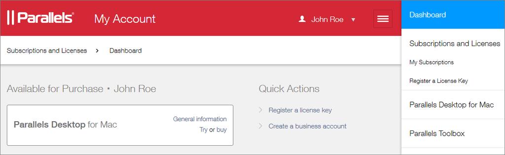 1 Log in to Parallels My Account using your email address and password. 2 Click next to your user name to open a side menu.