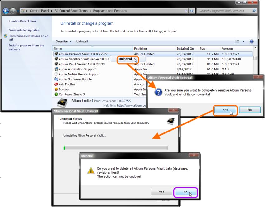 To keep existing vault data, be sure to click No when prompted in the Uninstall dialog one of the conﬁrmation dialogs that appear through the uninstall process.