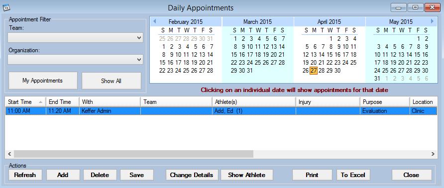 Daily appointments can be viewed from this screen. Clicking another day in the calendar at the top will show appointments for that day.