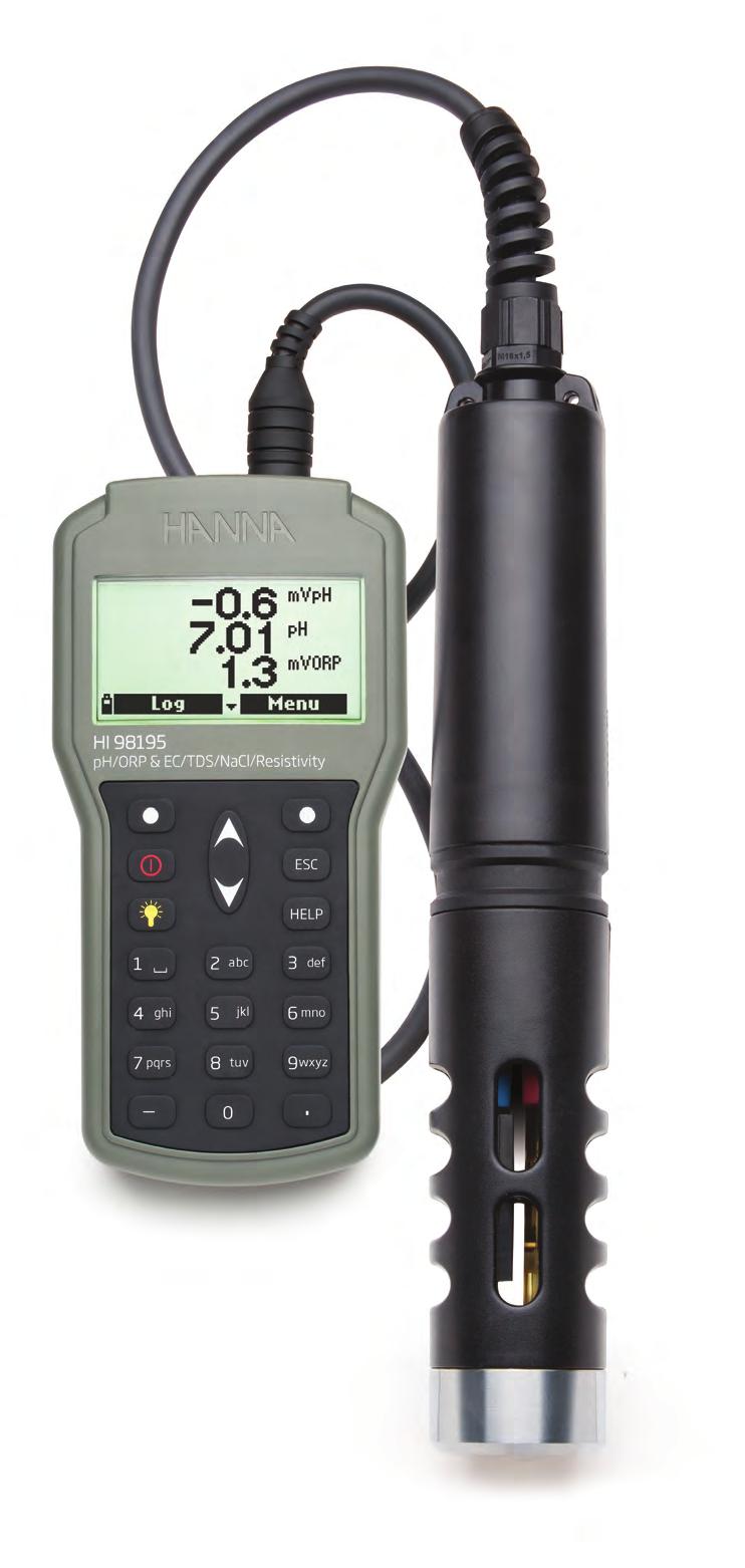 HI98195 Waterproof Meter ph / mv, ORP, EC, TDS, Resistivity, Salinity, Seawater σ and Waterproof IP67 rated waterproof, rugged enclosure for meter, IP68 for probe Digital probe Digital probe with two