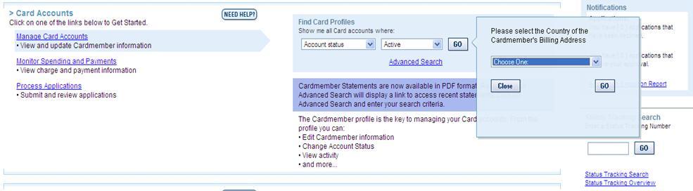 Managing changes on Card accounts (profiles) 19 On the home page, in the section Card Accounts, select the link Manage Card Accounts.