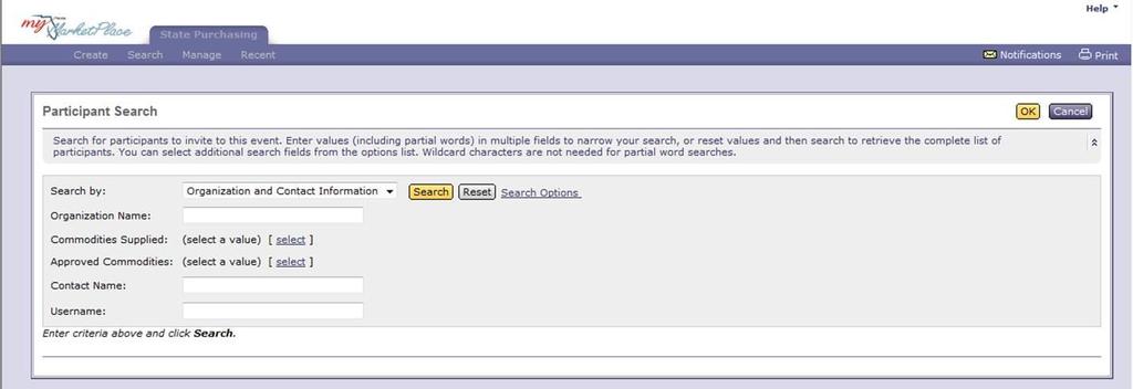 Step 3: Supplier Page, Participant Search Creating an equote Search and add vendors by Organizational (Company) Name.