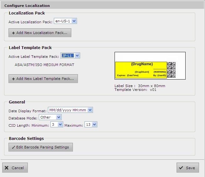 The sample label template image in the dialog box updates to reflect the selected template pack.