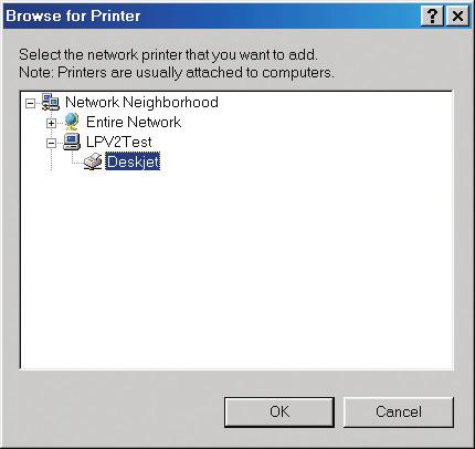 The Browse dialog window will appear. Browse for the appropriate printer, select it, and press the OK button.
