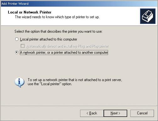Select A network printer, or a printer attached to another computer. Press the Next button.