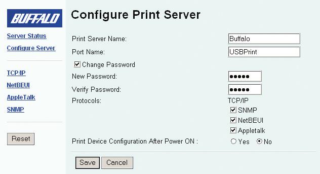 The Configuration menu will appear. Enter an acceptable Print Server Name and Port. These can be left as default if desired.