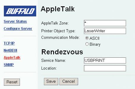 Press the AppleTalk link on the left. Change the Rendezvous Service Name to an appropriate name for the printer. Press the Save button when configuration is complete.