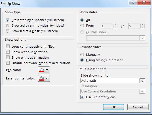 T set the presentatin settings: 1. Click the Slide Shw ribbn. 2. Click Set Up Slide Shw. 3.