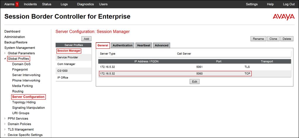 On the Advanced tab: Check Enable Grooming. Select Avaya-SM from the Interworking Profile drop down menu.
