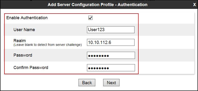 Port: 5060. Transports: Select UDP. Click Next. On the Authentication tab: Check the Enable Authentication box.