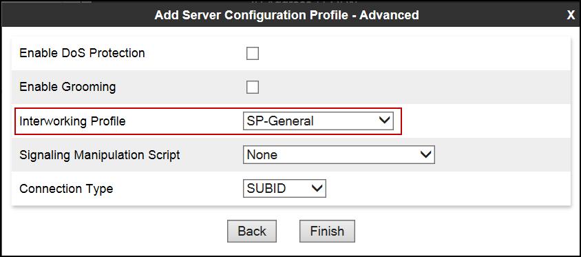 In the Advanced window: Select SP-General from the Interworking Profile drop down menu.