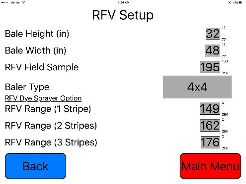 RFV Setup Use the information below when your applicator is RFV Equipped. *Only available on large square balers. 5 6 2 4 3 1 1. Select the RFV Setup tab on the Baling Rate Setup Screen. 2. Select the correct height and width of bale by selecting the grey area.