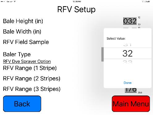 Select the RFV Field Sample value and input the correct value. *This is the RFV value that has been tested by a lab, which is needed to properly measure the RFV value when baling. 5.
