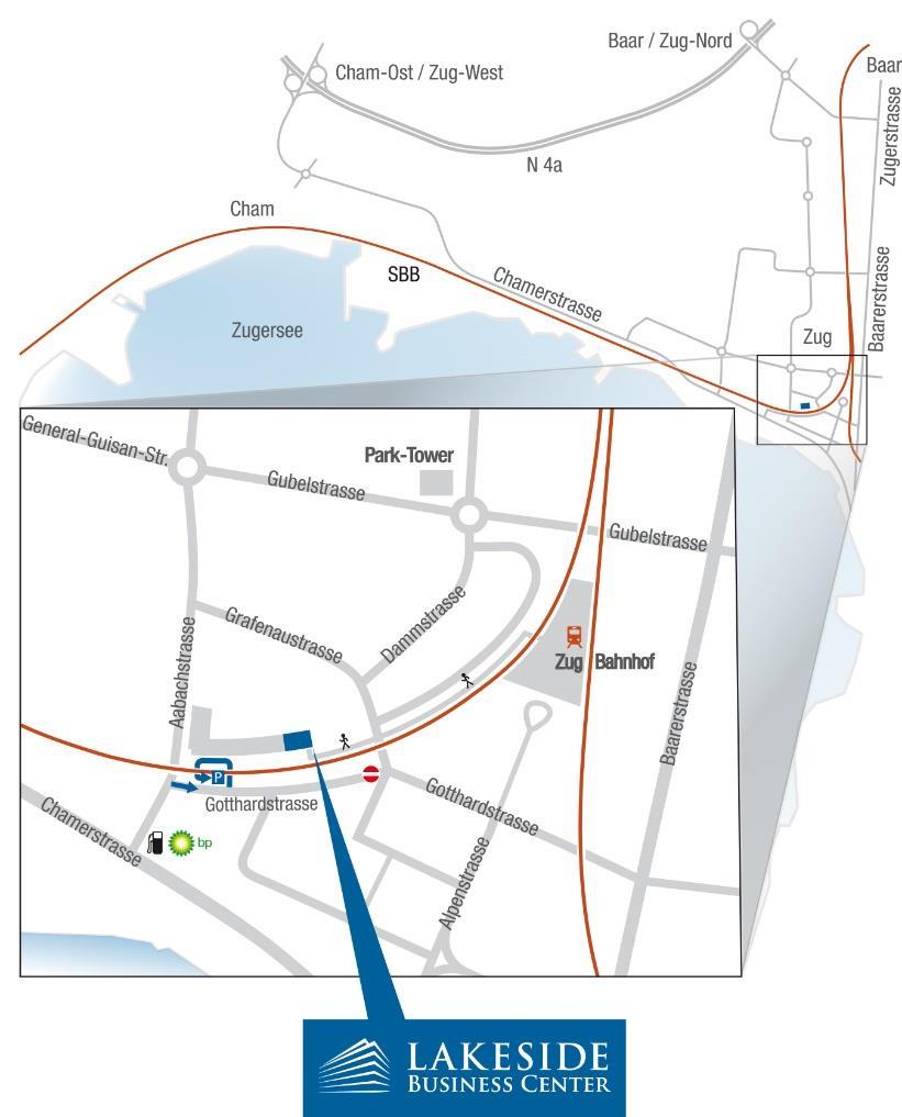 The Lakeside Business Center Location Map The perfect Location in the middle of Zug: 2 Minutes average distance to the Railway station Zug Lake of Zug