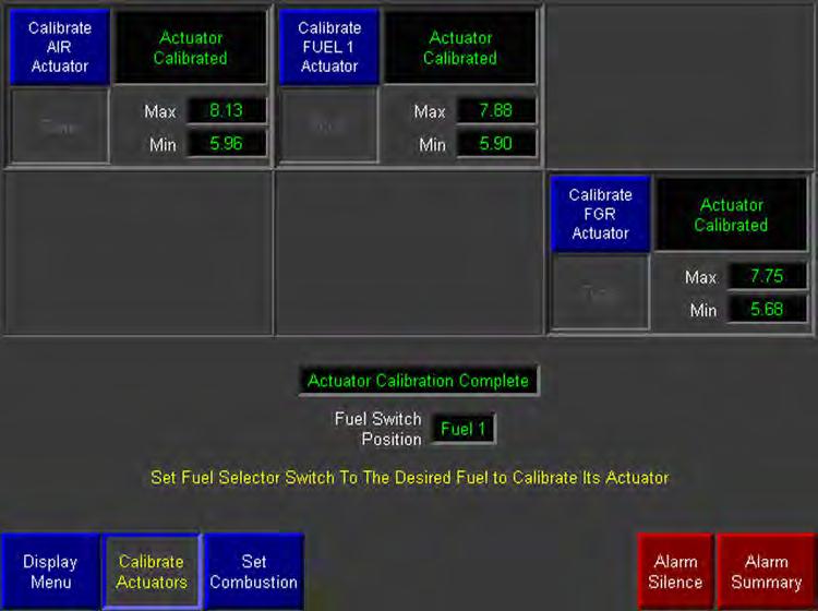 Figure 6-4 Actuator Selection display Note that the Fuel Switch Position cell indicated Fuel 1. To calibrate the Fuel 2 actuator, move the Fuel Selector switch to the Fuel 2 position.