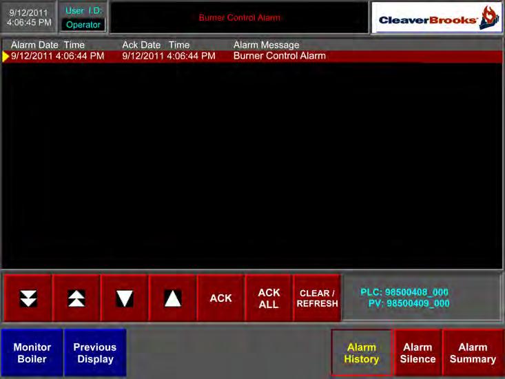 In Footer section of the Boiler Overview display is a navigation button for the Alarm History display. The system stores the last 250 alarms. The CLEAR button is only visible if the current User I.D.