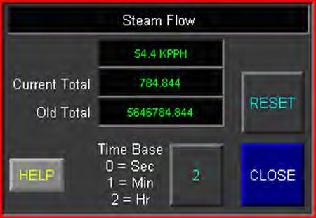 10-Flow Totalizers The following process variables are totalized by the System: Steam Flow Feedwater Flow Gas Flow Oil Flow Figure 7-11 Flow Totalizer popup The Totalizer display shows the current