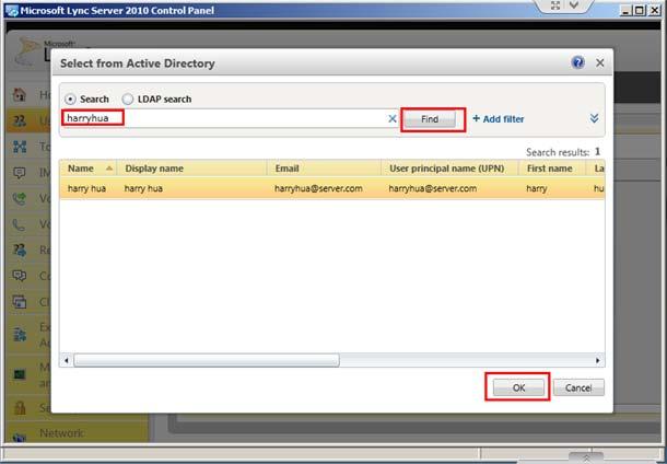 Input name' harryhua', and click 'find'. Then choose it before clicking 'ok' Figure 3.4 Assign user to pool: lync.server.