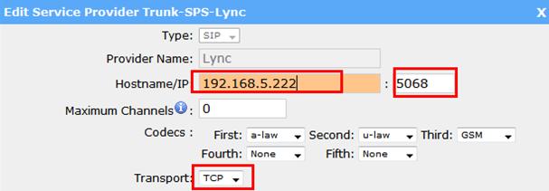 5. Configurations in MyPBX Create a 'peer to peer' sip trunk: Hostname/IP: the IP of Lync server, 192.168.5.222 Port: 5068(the default port for TCP protocol) Transport: TCP Figure 5.