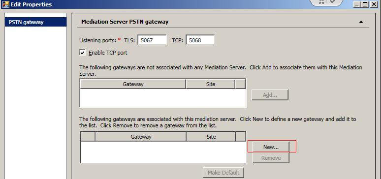 Click 'new' to add a pstn gateway to MyPBX Note: make sure TCP is enabled in