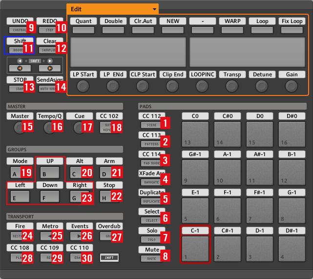 Layout and Basic Controls Basic Layout MASCHINE Overview of MASCHINE MK1 controller Number Button Function 1 SCENE switches to Scene mode 2 PATTERN switches to Clip/Session mode; with Shift