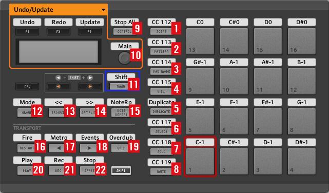 Layout and Basic Controls Basic Layout MASCHINE MIKRO MK2 Number Button Function 25 Step Backward button Metronome 26 Step Forward button Session automation 27 GRID Session Overdub 28 PLAY Play 29