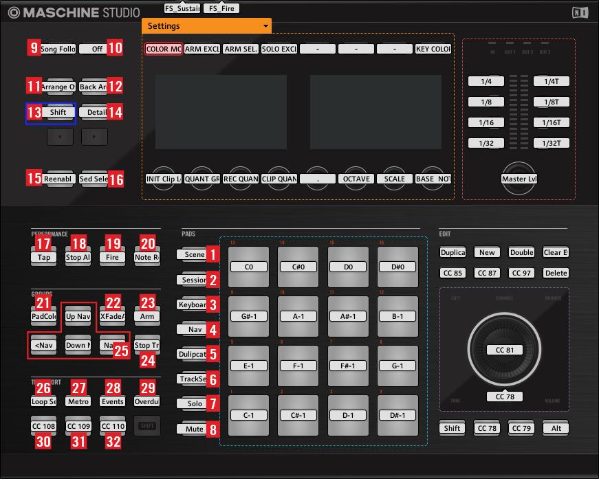 Layout and Basic Controls Basic Layout MASCHINE STUDIO Overview of MASCHINE STUDIO controller Call-out Button Function 1 SCENE Switches to Scene mode.