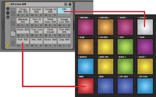 Controller Modes Pad Mode Ableton Live Drum Rack on the Pads of MASCHINE MK2 controller The selected drum cell is lit up a little brighter than the other cells.