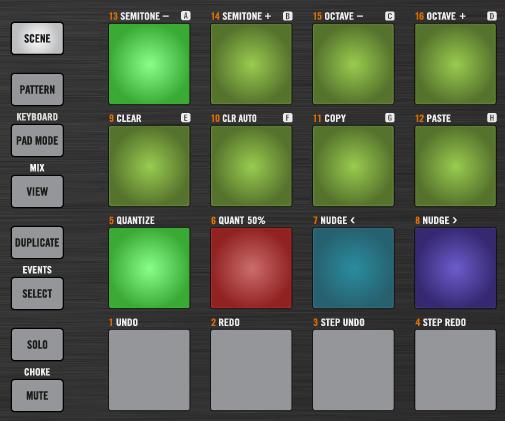 Controller Modes Control Mode (MIKRO MK1 and MIKRO MK2 only) Control Mode on MASCHINE MIKRO MK2 controller The buttons in the third row from above (pads 5-8) select volume (green), pan (red), send