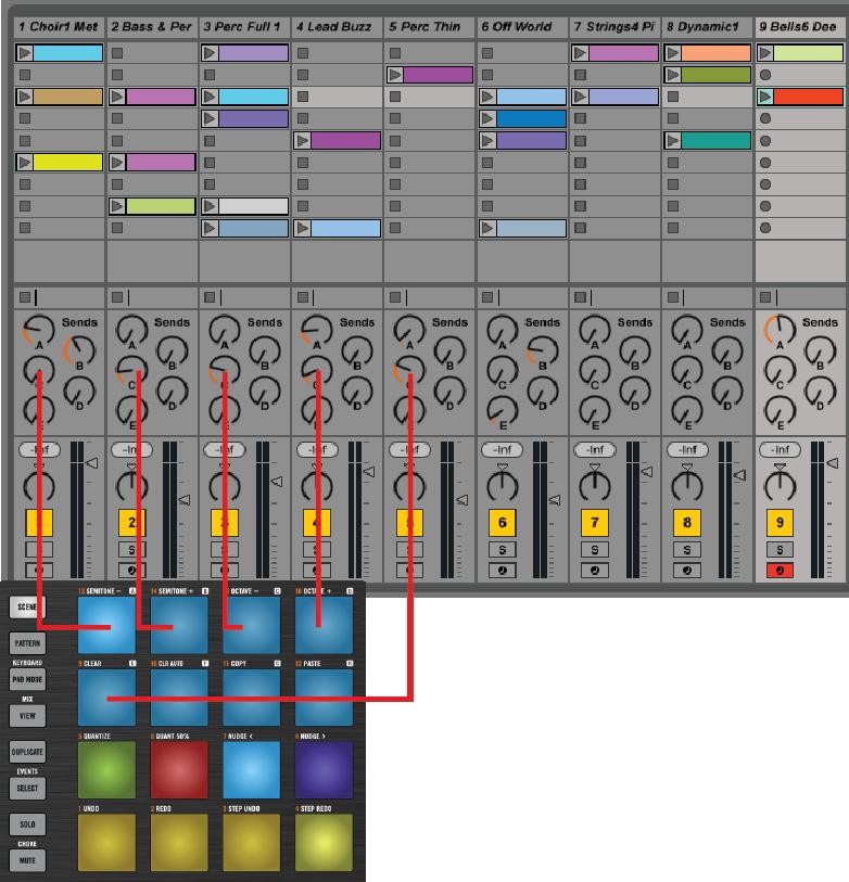 Controller Modes Control Mode (MIKRO MK1 and MIKRO MK2 only) Send Volume control The selection is shown in Ableton Live's status bar and the color of the forth pad changes as well.