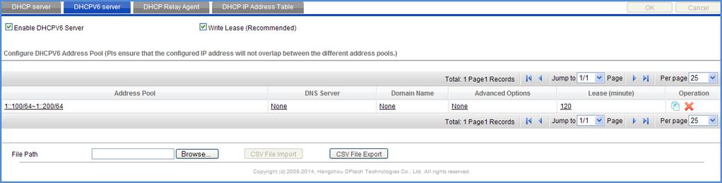 3.19.3 DHCPv6 server To enter the DHCPv6 server page, you can choose Basic> Network > DHCP > DHCPv6 server from navigation tree, as shown in Figure3-131.