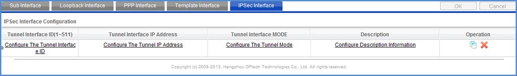 3.2.6.5 IPsec interface To enter the IPsec interface page, you can choose Basic> Network > Interface management > Logic interface > IPsec interface from navigation tree, as shown in Figure3-16.