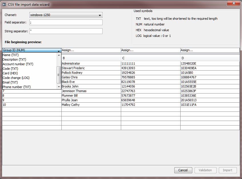 SATEL ACCO Soft 61 Fig. 54. Window for importing data from CSV format file. Charset select the set of characters according to the language used in the file being imported.