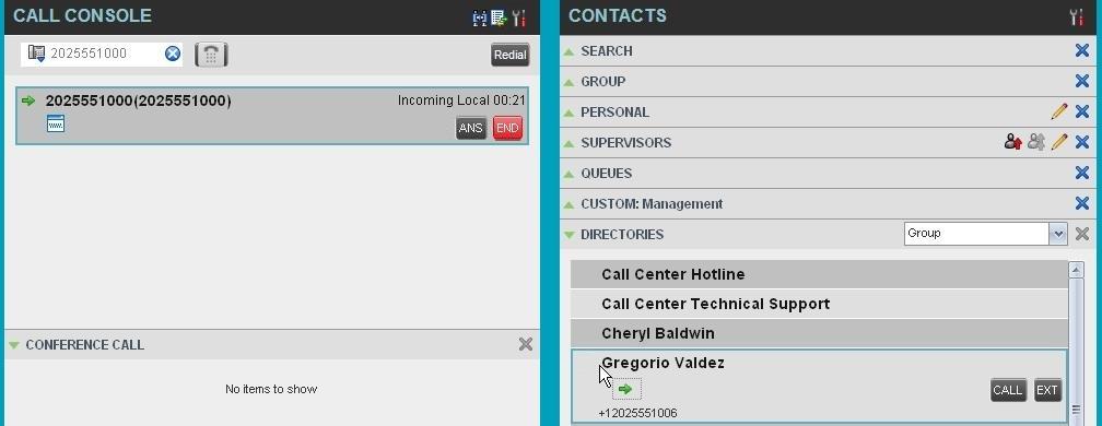 5.2 Drag and Drop Call onto Contact Hosted Call Center Agent In Call Center, you can drag a call from the Call Console and drop it on a target contact in one of your contact directories.