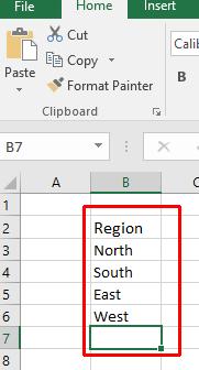 Excel 2016 Foundation Page 11 The active cell is now B3. Type in the word 'North'. Press the Enter key. The active cell is now B4. Type in the word 'South'. Press the Enter key. The active cell is now B5.