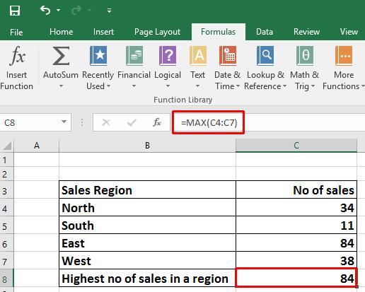 Excel 2016 Foundation Page 124 As you can see the function is: =MAX(C4:C7) This function tells Excel to display the maximum value within the range C4:C7.