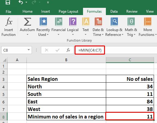 Excel 2016 Foundation Page 126 As you can see the function is: =MIN(C4:C7) This function tells Excel to display the minimum value within the range C4:C7.