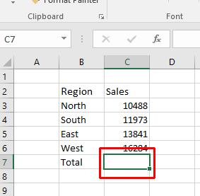 Summing a column of numbers Click on cell B7. Type in the word 'TOTAL'.