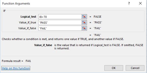 In the VALUE_IF_FALSE section of the dialog box, we enter the word FAIL.